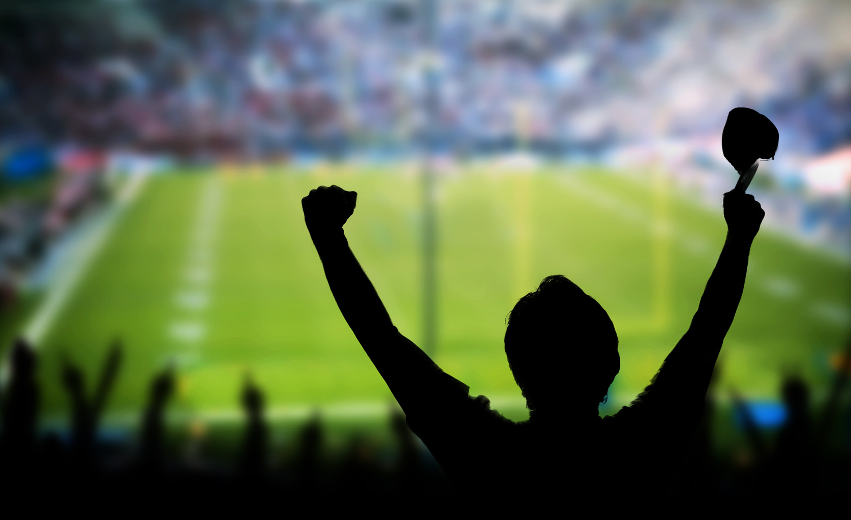 Man Raising Arms in Excitement at Sporting Event